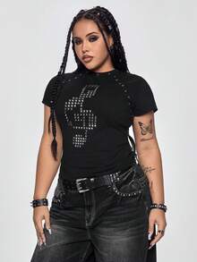 ROMWE Grunge Punk Spring/Summer Plus Size Black T-Shirt With Punk Music Note Rhinestone Grommets Valentine's Day - Black - View 5