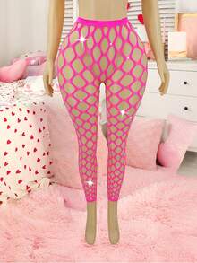 Medias de rejilla con adornos de strass sexy para mujer, color rosa fucsia, estilo de moda Y2K - Rosa Fucsia - Ver 3