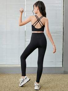SHEIN 少女纯色针织高弹舒适交叉露背运动文胸和高腰紧身裤运动套装，适合瑜伽 - 黑色 - 查看 2