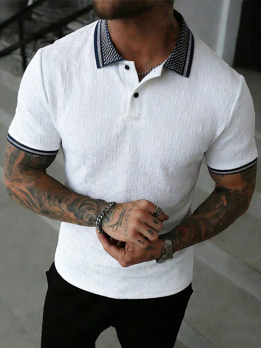 EGENSIO Men's Knitted Jacquard Texture Solid Color Ribbed Collar 2-Button Polo Shirt - White - View 1