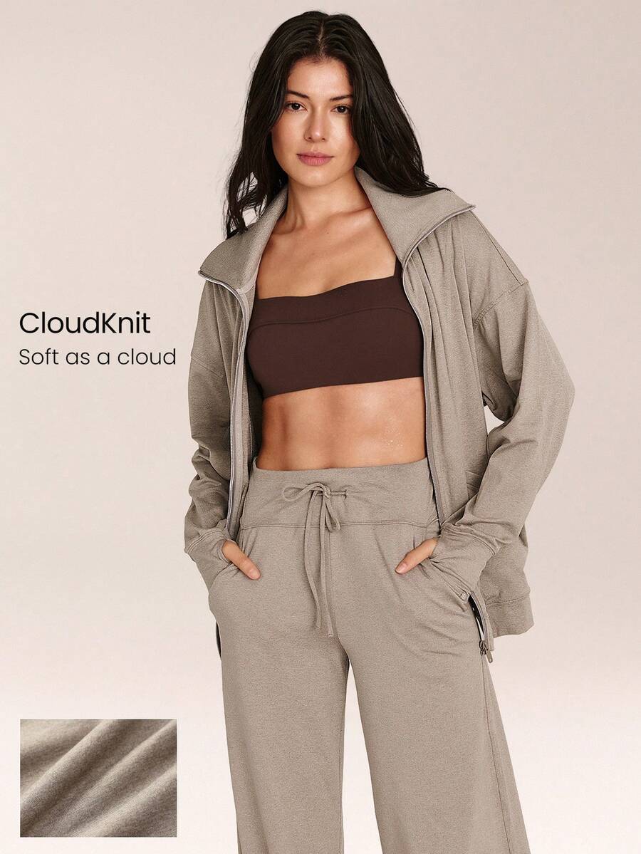 GLOWMODE CloudKnit Lift Off Relaxed Fit In-Seam Pockets Elastic Cuffs Zip-Front Jacket Daily Casual Street Wear - Khaki - View 1