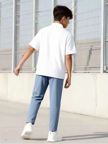 SHEIN Explorewe 2pcs/Set Teenage Boys' Casual School Style Simple White Shirt And Pants Outfit - Blue - View 3