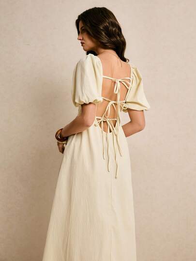 Poéselle Women's Puff Sleeve Square-Neck Tie-Back Midi Dress – Soft Butter Yellow Cottagecore Sundress For Summer & Vacations Puff Sleeve Dress Square Neck Midi Dress Tie Back Sundress Cottagecore Fashion Open Back Dress Romantic Summer Dress Quiet Luxury Style Solid Color Pleated Back Twist Design Elegant Midi Dress For Party Summer Dress Summer Outfits Beach Dress Wedding Guest Dress For Women Graduation Dress Elegant Dresses For Women  Casual Dresses Yellow Dress