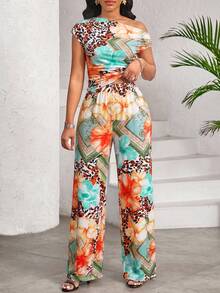 SHEIN Lady Women's Floral Print Ruffle Shoulder Top And Wide Leg Pants Casual 2 Pieces Set - Multicolor - View 3