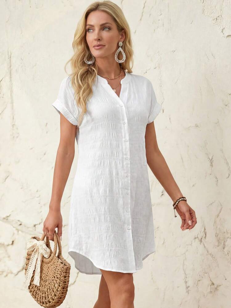 Women's Casual Solid Color Front Button Short Dress For Vacation