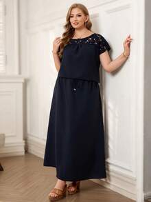 EMERY ROSE 2pcs Set Plus Size Women's Summer Casual Navy Blue Lace Trim Back Design Shirt Top And Long Skirt Two Pieces Set With Pockets, Tea Party Holiday Outfits - Navy Blue - View 8
