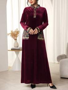 Al Najma Women's Elegant Arabic Style Floral Print Patchwork Long Sleeve Dress - Burgundy - View 3