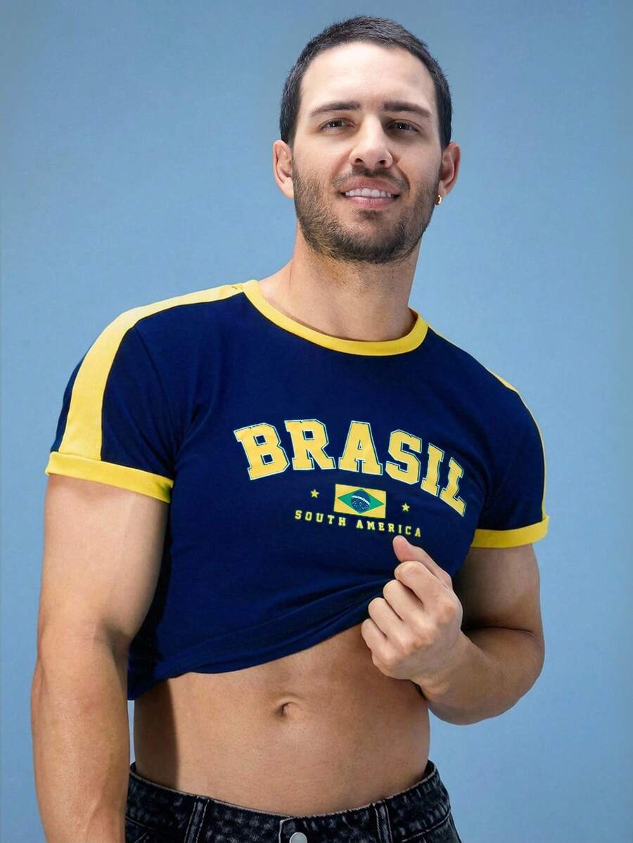 FeverCity 男士圆领字母印花休闲百搭日常短袖T恤 - 藏蓝色 - 查看 1