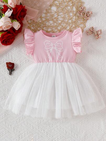 SHEIN 女婴甜美粉色连衣裙，优雅休闲春夏连衣裙，粉白撞色网纱短袖连衣裙