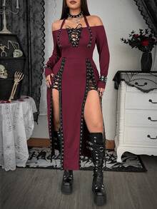 Whyspr Plus Size Women's Halter Neck Criss-Cross Tie Slit Dress - Burgundy - View 4
