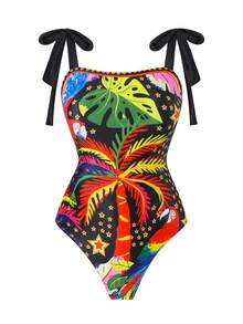 Swim Oasis Women's New Coconut Tree Print Halter Strap One-Piece Swimsuit With Mesh Skirt, Slim Fit Two Pieces Set, Spring/Summer - Multicolor - View 4