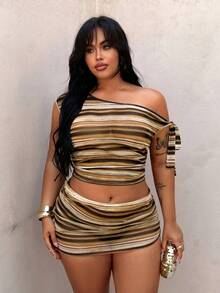 Rustia Plus Size Women Striped Print Asymmetric Collar Top And Mini Skirt 2 Pieces Set - Brown - View 2