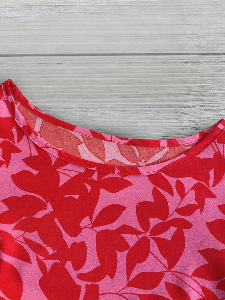 SHEIN Tall Women's Casual Vacation Orange Base Leaf Floral Print Round Neck Cap Sleeve Cap Sleeve Blouse, Spring/Summer - Pink - View 3