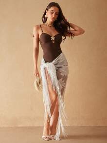 白色性感透视花卉蕾丝流苏系带女士迷你裙，适合沙滩罩衫、度假沙滩、泳池、约会/外出、春夏穿着 - 白色 - 查看 8