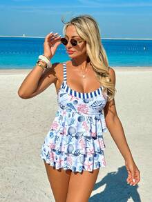 Swim Vcay Women's Casual Vacation Pattern Patchwork Spaghetti Strap Tankini Set, Includes Triangle Bottoms, Summer - Multicolor - View 8