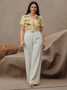 Anewsta Blus Lengan Pendek Bordir Bunga Elegan untuk Wanita, Serbaguna untuk Liburan, Mode Modern, dan Perjalanan Sehari-hari - Kuning - View 5