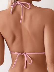 Swim Basics Women's Vacation Beach Patchwork Halter Tie Bikini Top - Pink - View 2