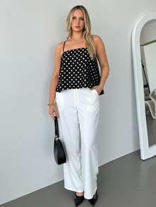 Auralis 新款黑白波点中长款吊带露背荷叶边下摆不对称下摆镂空系带大码休闲度假女式吊带背心/沙滩装/复古日常装/INS风缎面波点 - 黑與白 - 查看 5