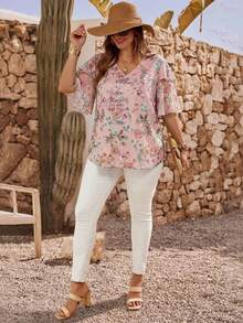 EMERY ROSE Plus Size Women Floral V-Neck Ruffle Short Sleeve Blouse, Summer Tops - Pink - View 5