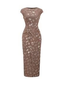 Ellevyn Women's Round Neck Metal Buckle Waist Beaded Cap Sleeve Dress - Khaki - View 3