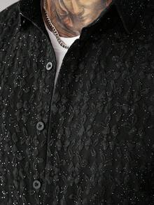 SLATEMANN 男士花卉提花单排扣休闲短袖衬衫 - 黑色 - 查看 5
