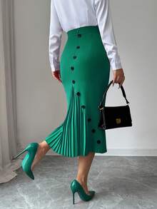 Elenzga Women's Elegant Fitted Pleated Pencil Skirt - Dark Green - View 6