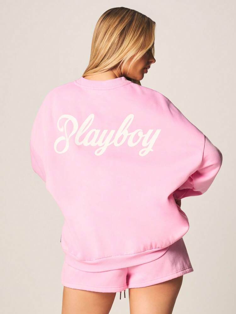 Missguided x Playboy Oversized Crew Neck Sweatshirt With Chest Logo And Script Back Graphic Long Sleeve Casual Fall Winter Pullover Top
