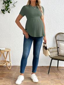 SHEIN Camiseta de maternidad de unicolor con cuello redondo, manga corta, acanalada y con volante en el bajo - Verde - Ver 3
