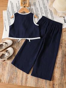SHEIN 2pcs/Set Young Girl Solid Color Knit Sleeveless Top And Mini Skirt Retro Outfit For Kids Summer Outfits Girls Clothes Jump Suit - Royal Blue - View 6