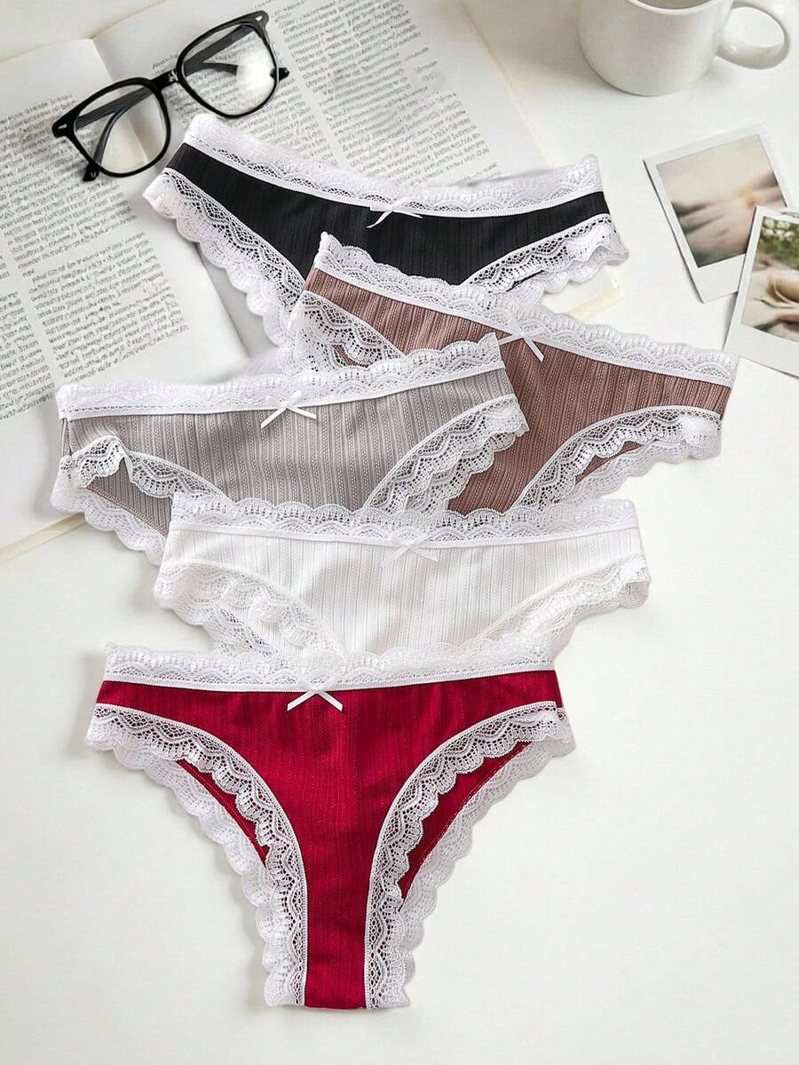 Lowkey Lull 5 piezas de bragas tipo tanga con textura de encaje para mujer, estilo casual y cómodo INS Y2K, otoño - Multicolor - Ver 1