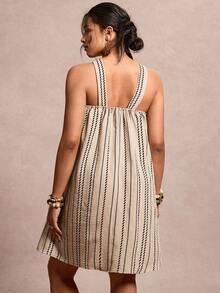 SHEIN VCAY Plus Size Summer Casual Striped Vacation Halter Dress - Khaki - View 2
