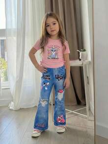SHEIN 2pcs/Set Young Girls Light Pink Summer Cartoon Rabbit Print Short Sleeve Tee Top With Drawstring Sides And Graphic Flare Pants,Kids Fashionable Set - Pink - View 5