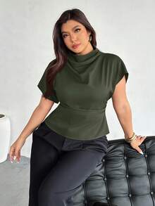 Firerie Plus Size Women Casual Elegant Vacation Ruched Collar Asymmetrical Sleeve Side Waist Commuter Bamboo Linen Fabric Blouse, Spring/Summer - Green - View 2