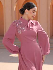 Graceveil Elegant Stand Collar Cinched Waist Flared Long Sleeve Applique Dress For Women - Pink - View 1