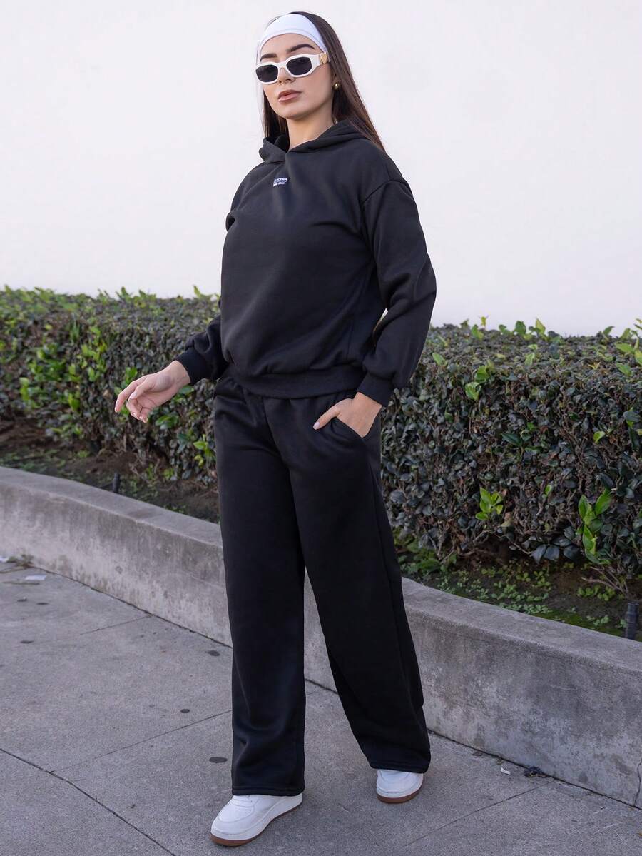 Andrea Bello 女式黑色休闲宽松连帽衫和运动裤两件套，保暖内衬，秋冬 - 黑色 - 查看 1