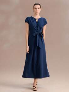 Uhlyne Uhlyne Women's Summer Navy Blue Elegant Work French Style 100% Cotton Dress,Minimalist Round Neck Hollow Pearl Decor Bow Tie Waist Maxi Casual Dress - Navy Blue - View 6