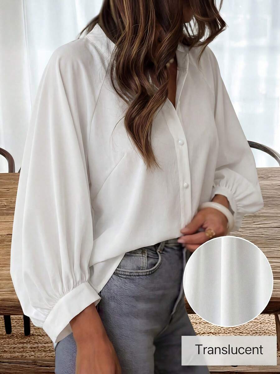 Louniche Women's Casual Vacation Solid Color Front Button Raglan Sleeve Shirt, Spring/Summer - White - View 1