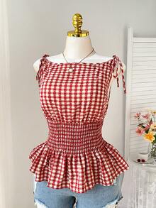 Comfortcana Plus Size Women Plaid Tie Shoulder Drawstring Waist Ruffle Hem Sleeveless Blouse, Summer 2026 New Arrival Tops - Red - View 3