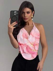 Firerie 优雅性感休闲简约粉色大理石扎染印花派对风吊带背心，适合夏季、音乐节、嘉年华、海滩度假等场合，女士优雅上衣、女士度假装、女士休闲上衣、粉色上衣、女士吊带背心、粉色大理石印花上衣、夏季女士上衣 - 粉色 - 查看 4