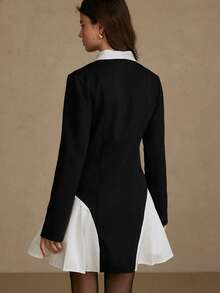 BELROSIE Abito blazer elegante e retrò in stile francese, con colletto Peter Pan, decorazione con bottoni di perle, vita svasata, vestibilità slim, manica lunga, lunghezza corta - Bianco e nero - Visualizzare 6