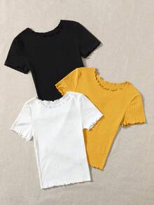 SHEIN EZwear 夏季三件套荷叶边罗纹针织修身打底T恤，可爱女式纯色上衣，可爱休闲上衣，可爱短袖上衣，罗纹上衣，棉质上衣，可爱纯色上衣，可爱上衣，女士休闲上衣，短袖罗纹上衣 - 黃色 - 查看 4