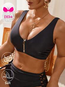 Swim DD+ 2026 Summer NEW Women's Solid Color Zipper Bikini Top, Summer Beach DD+ Bikini Sets Beach Vacation, Pool Party, Beach PartyBeach Outfits, Music Festival Outfits, Vacation Outfits, Seaside Dates, Holiday Outfits, Sexy, Elegant, Casual Outfits, Beach Party Outfits, Pool Party Outfits Swim Tops For Women Swimwear Tops For Woman Top With Built In Bra Bathing Suits For Women Push Up Bra Women Sexy Tops - Black - View 5