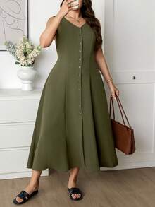 SHEIN LUNE Plus Size Women Summer NWT TORRID Maxi Rayon Slub Button Front Corset Back Elegant Women Dress Summer Military Green Long-Sleeved Buttoned Design Glamorous Women'S Modest Long Dress Button Dress Olive Dress Army Green Dress Women Khaki Dress Women Summer Elegant Dress Green Midi Dress Solid Color Dress Sleeveless Dress Olive Green Dress Music Festival Button Front Dress V Neck Dress Forest Green Dress - Army Green - View 6