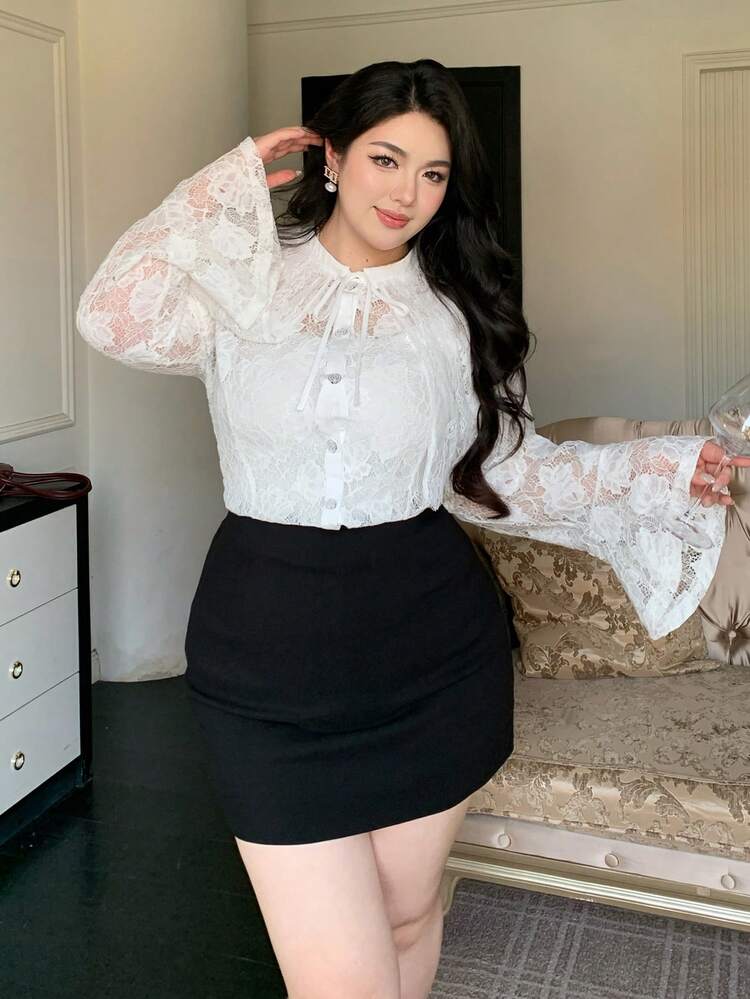 Dazy Plus Plus Size Elegant Lace Collar 2 In 1 Long Sleeve White Blouse
