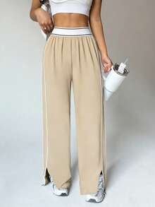 Dewbera 女士宽松直筒运动裤，带口袋，撞色条纹腰带，高弹力松紧腰带，适合日常休闲穿着、跑步、瑜伽、健身、网球、高尔夫等运动，秋冬季款。 - 卡其色 - 查看 2