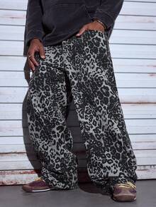 Modcrash Men's Denim Jeans With Leopard Print, Retro High Street Fashion Casual Loose Straight Leg Pants Relaxed Fit For Men ,Summer Holiday Outfits - Grey - View 4