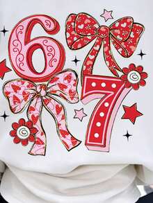 EMERY ROSE Funny "Six Seven" Valentine's Day Cute Bow Print Casual Round Neck Women T-Shirt, Fashionable For Valentine's Day And Daily Wear - White - View 3