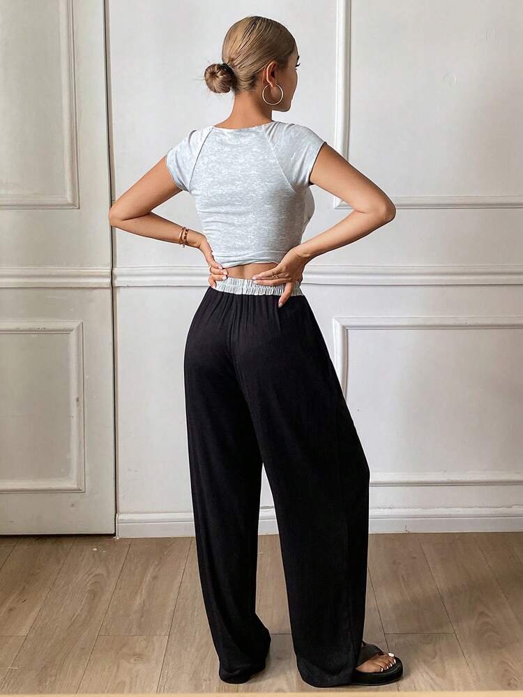 French Pleated Loose Knit Top & Wide Leg Pajama Pants Women Sleepwear Set