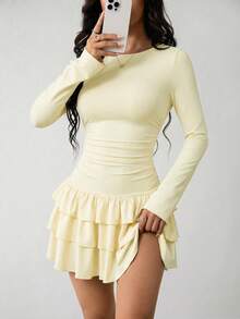 SHEIN PETITE Đầm dài tay màu đen trơn thanh lịch dành cho nữ, có bèo nhún ở gấu váy. - Vàng nhạt - Xem 6