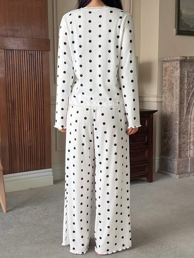 Women's Polka Dot & Lace Patchwork Sleepwear Set With Bow Decor